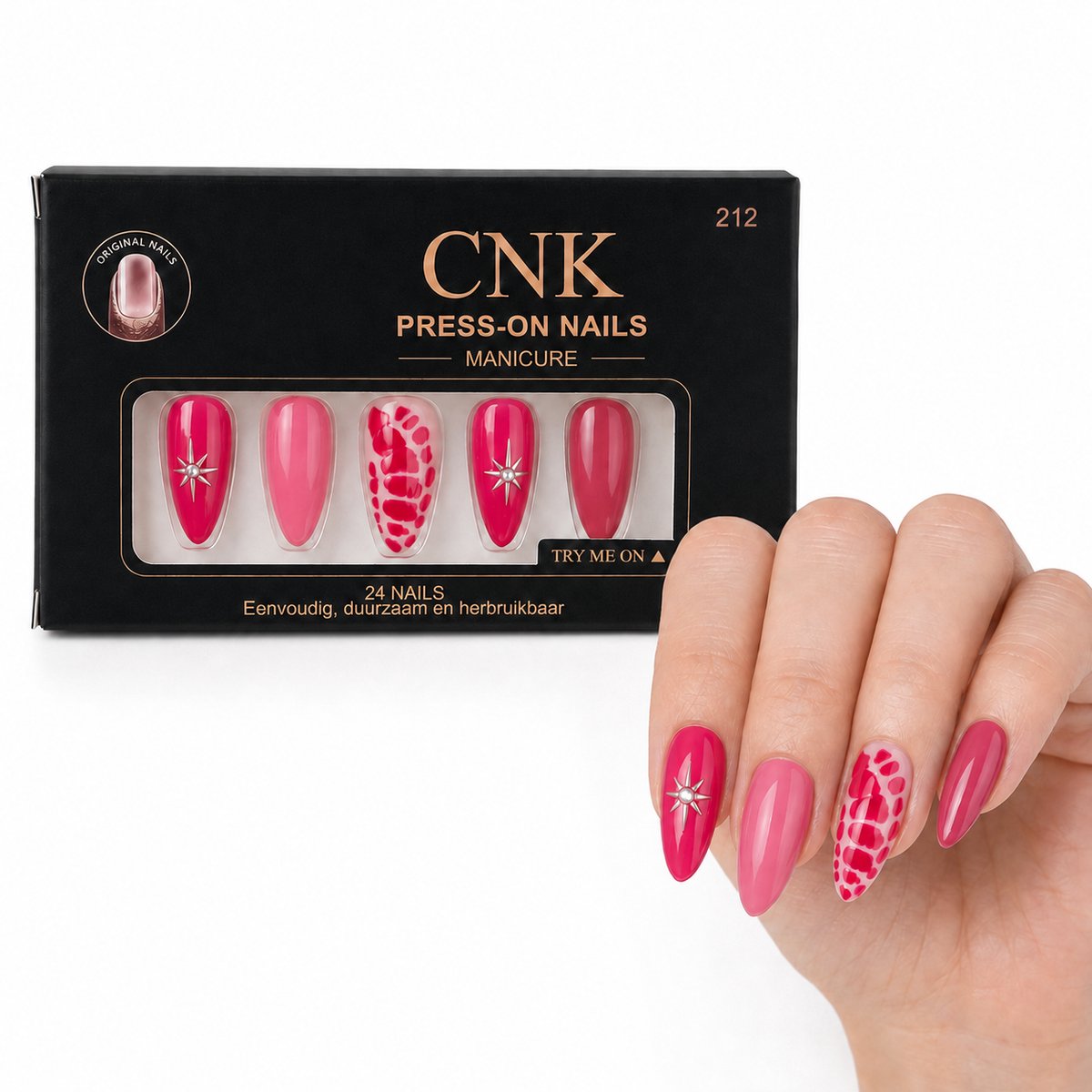 CNK 212 Press On Nails - Plaknagels - 24 Kunstnagels met Nagellijm, 24 Zelfklevende Plakstickers, Cleaner Wipe, Nagelvijl, Woodstick & Size Matcher - Nepnagels voor 7-14 Dagen - Herbruikbare Press-On Nagels - Starterspakket voor Manicure & Nail Art
