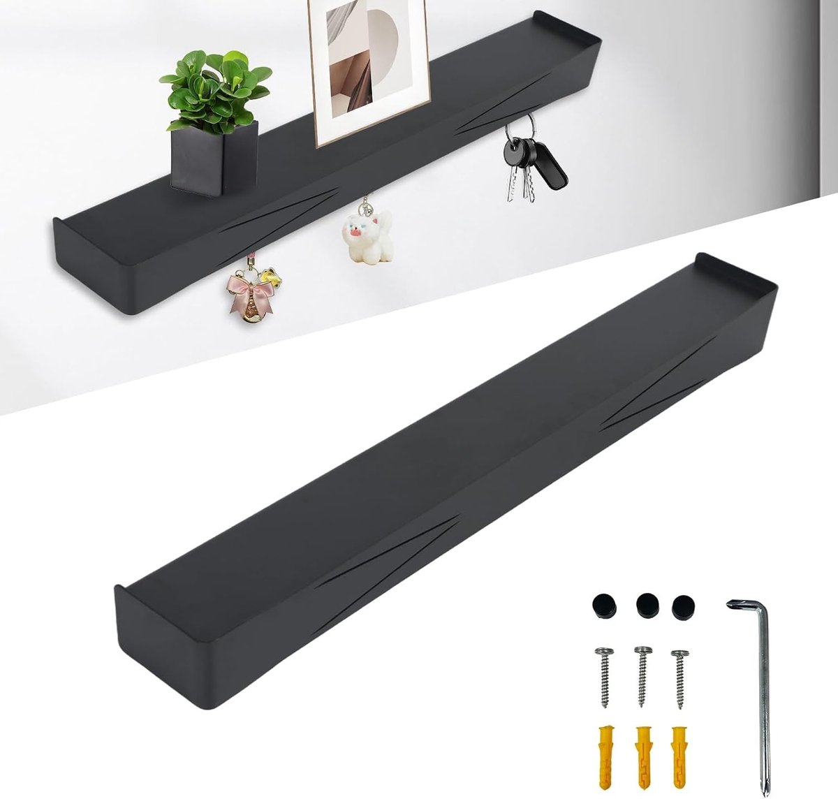 Moderne Scandinavische sleutelrek met plank en verborgen wandmontage, 10 haakjes voor jassen en sleutels, ideaal voor entree en hal (59 cm L)