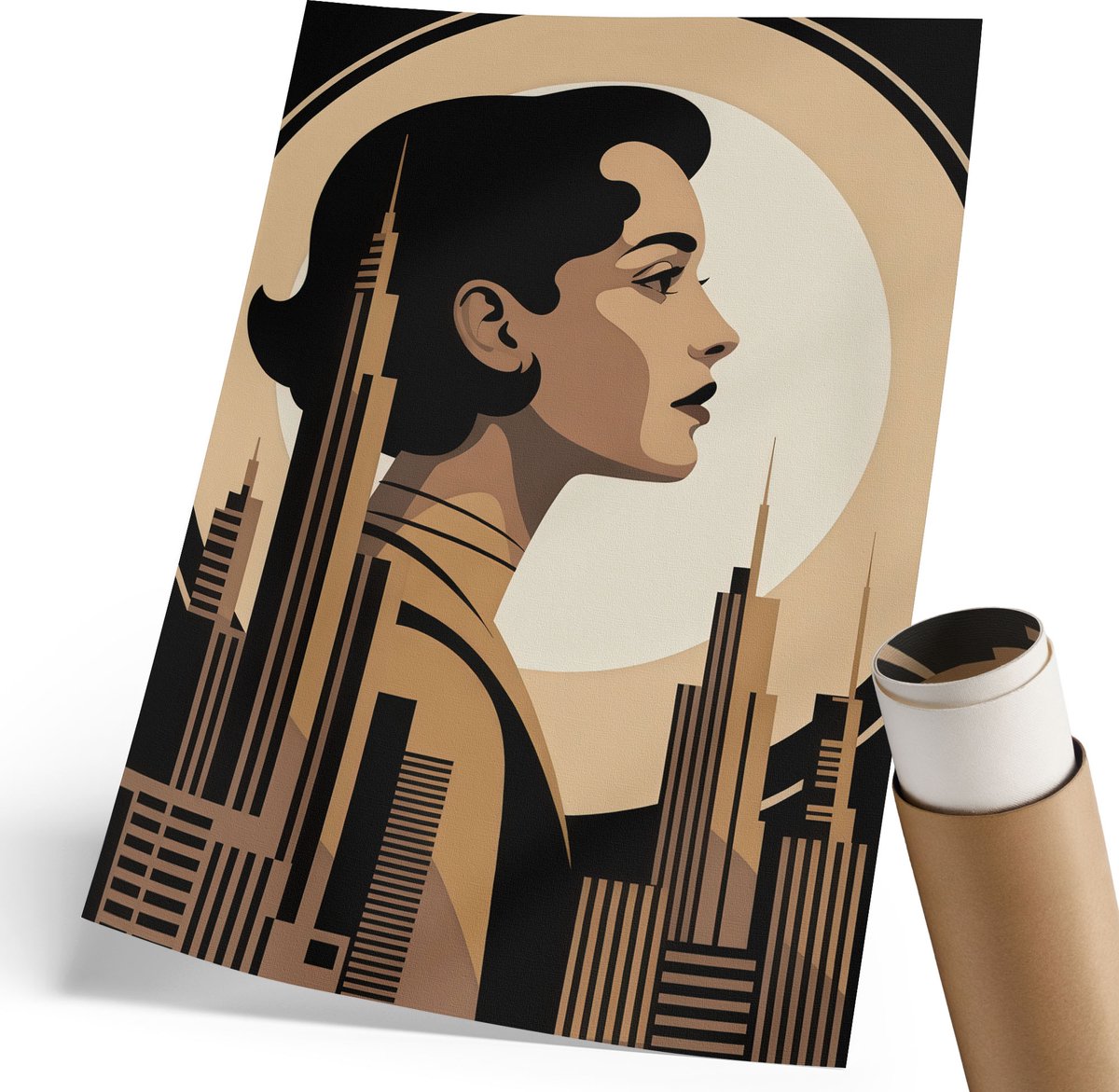 Coloray Polycanvas Wandposter - Art Deco Portret, Illustratie - 210 x 297 mm - Beige Patroon - Rechthoek - Muurkunst - Woonkamer, Slaapkamer, Kantoor - Art deco