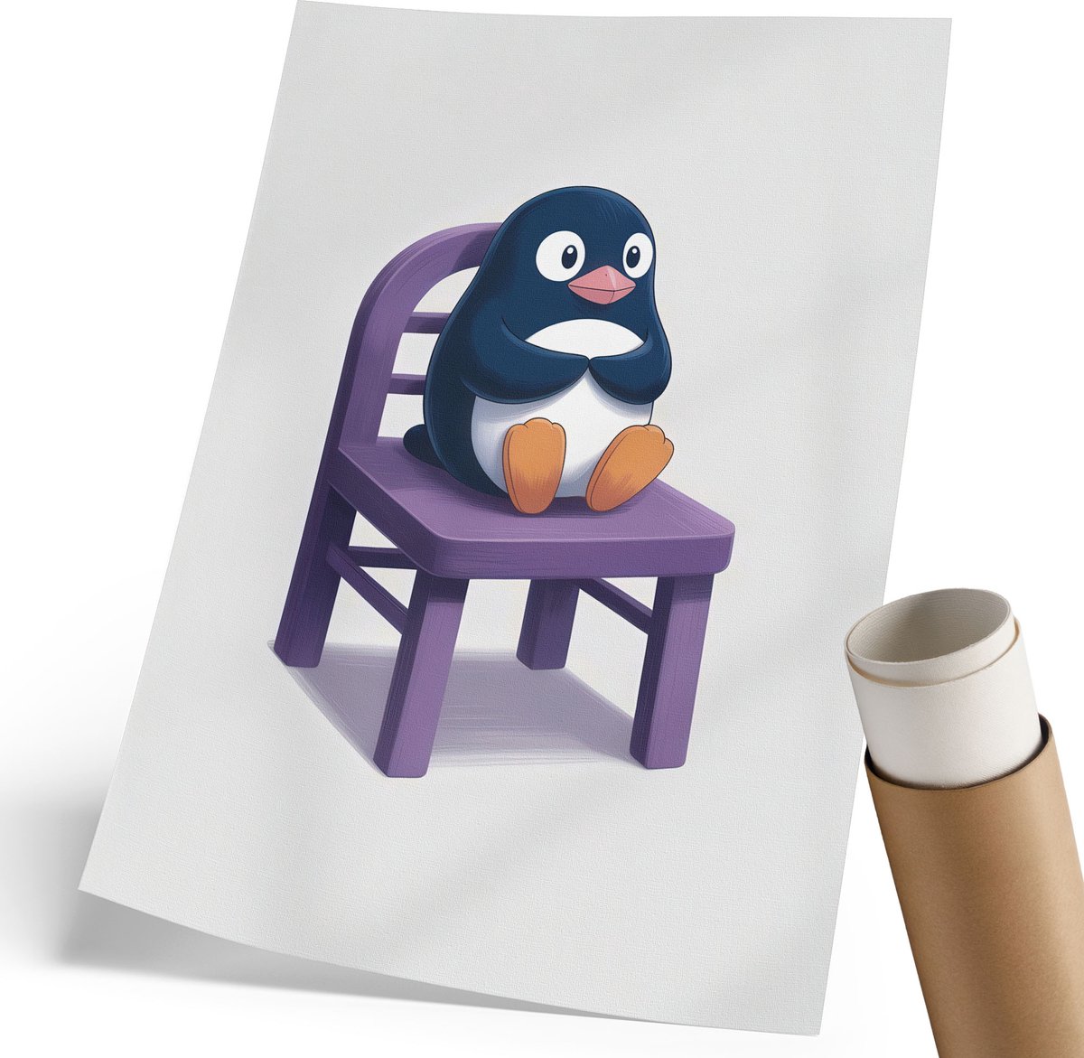 Coloray Polycanvas Poster - Pinguïn Op Een Stoel, Illustratie - 210 x 297 mm - Paars Kunst - Rechthoek - Kunstposter - Woonkamer, Slaapkamer, Kantoor - Kinder
