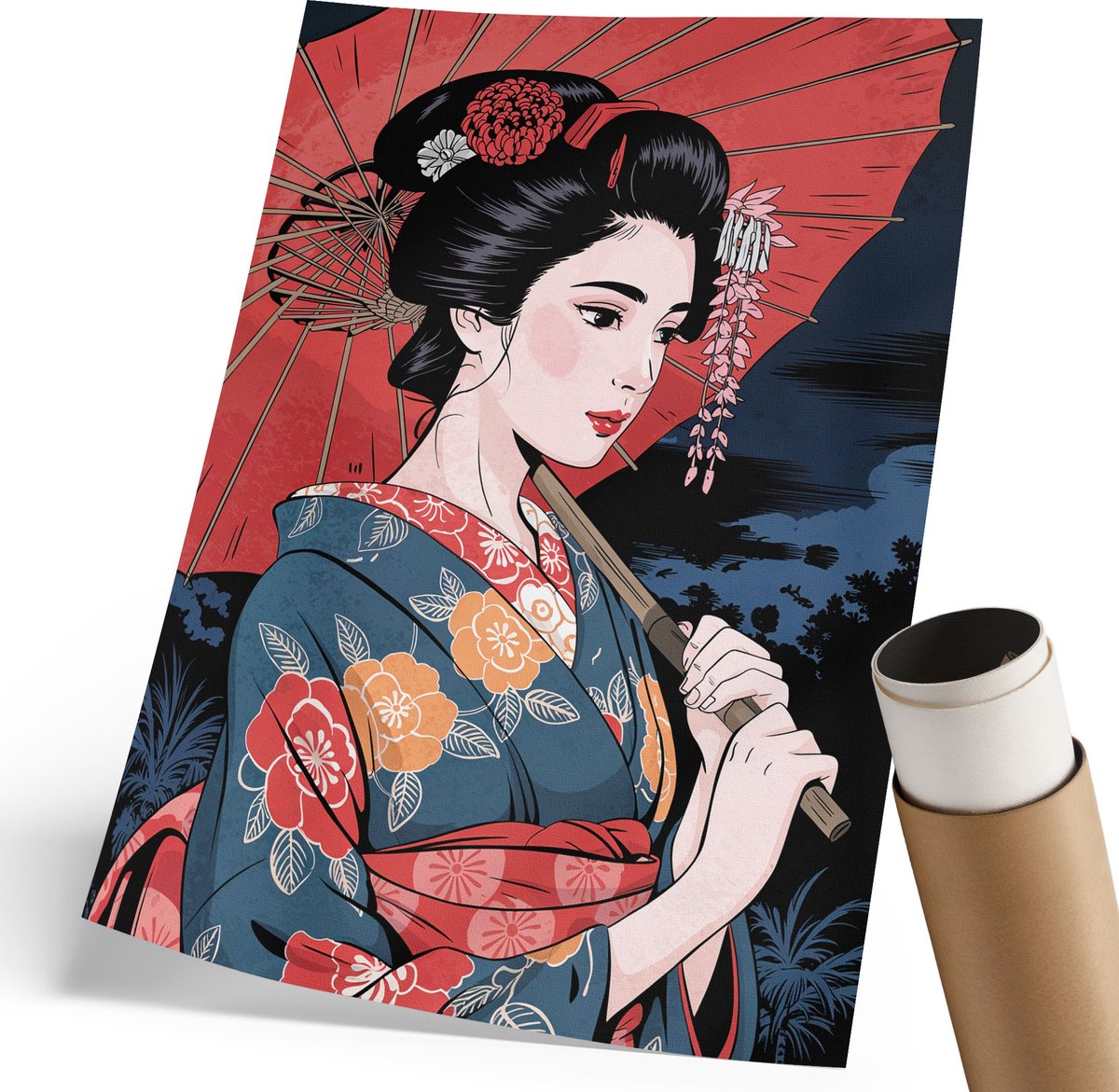 Coloray Polycanvas Poster - Japanse Elegantie, Illustratie - 210 x 297 mm - Rood Illustratie - Rechthoek - Wandkunst - Woonkamer, Slaapkamer, Kantoor - Japanse
