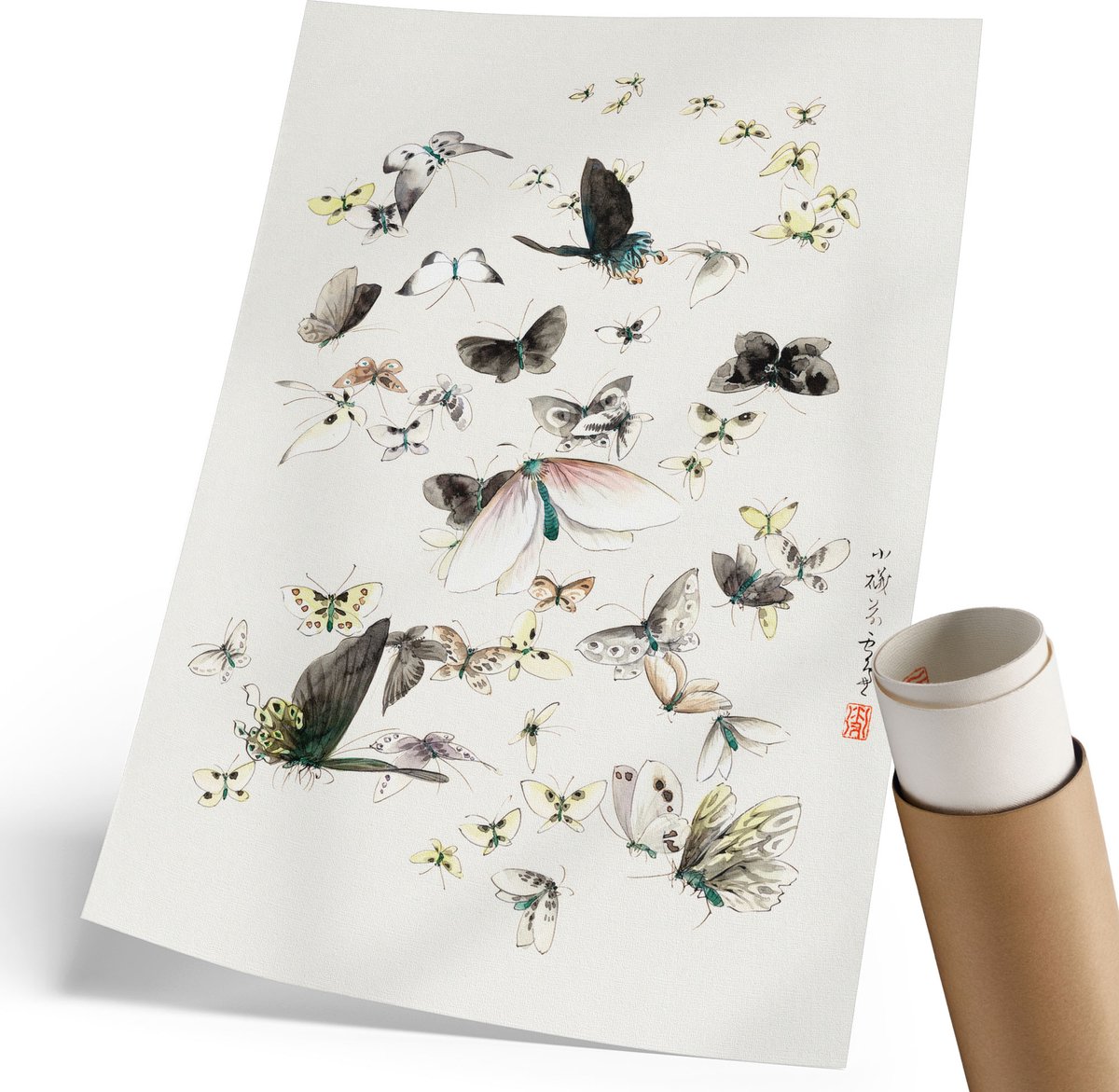 Coloray Polycanvas Poster - Vlinders En Motten, Waterverf - 210 x 297 mm - Wit Wanddecoratie - Rechthoek - Decoratieve poster - Woonkamer, Slaapkamer, Kantoor - Japanse