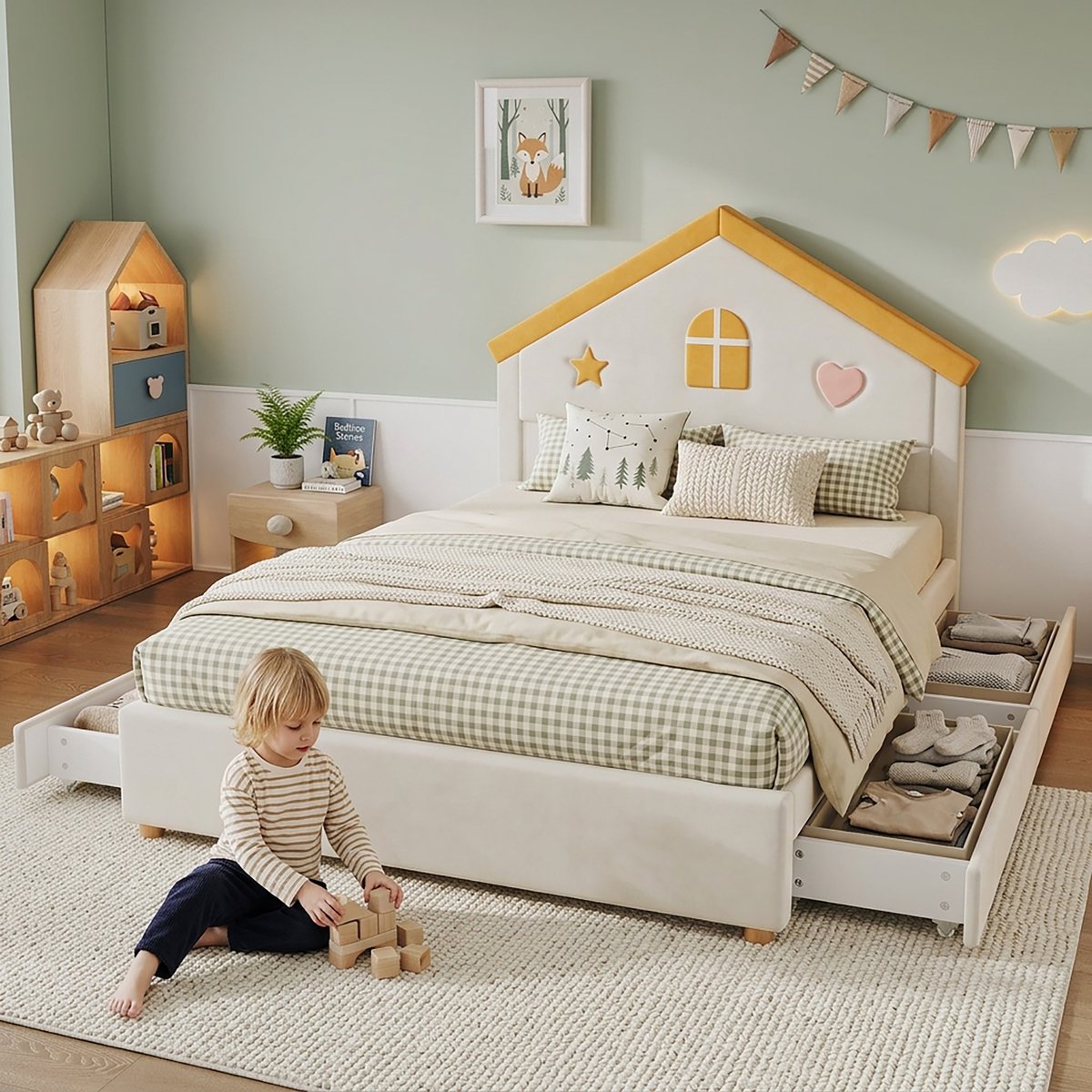 VVBV Kinderbed 140x200 – Gestoffeerd Kinderbed van Fluweel met Opbergruimte, 4 Lades en Opberghoofdbord – Zonder Matras – Modern Design – Beige