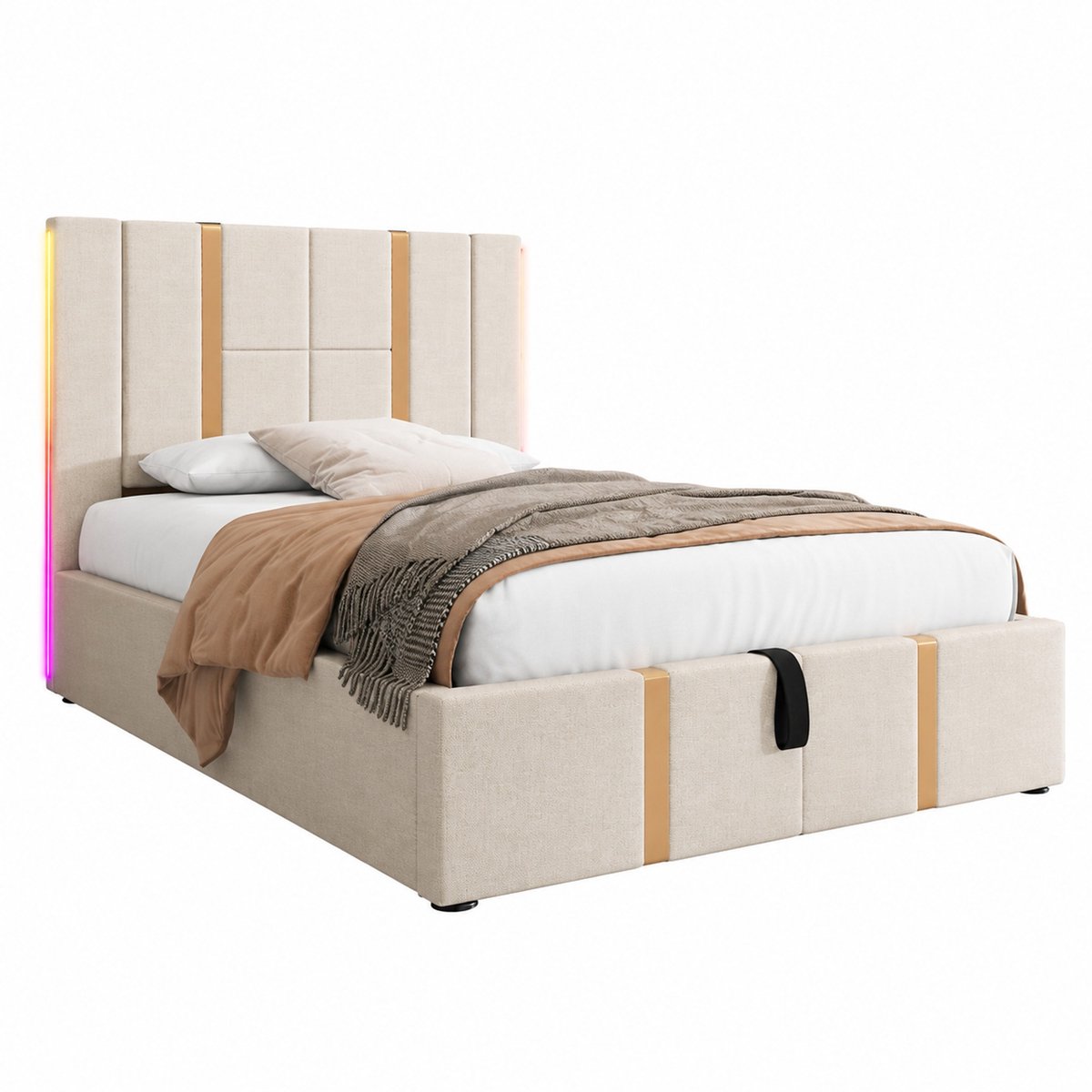 WUVRIE Opbergbed 90x200 cm met USB-C, appbediening, RGB-led en lattenbodem, beige stof
