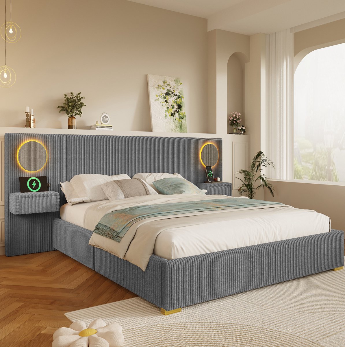 DESMIU Gestoffeerd Bed 180x200cm Met Matras Zonder Matras Led Hoofdbord Met Opbergruimte Voor Volwassenen Fluweel Grijs