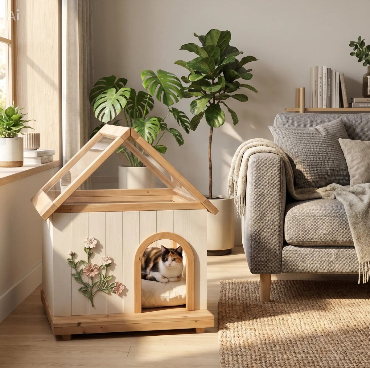 MIVRAY Dierenhuis – Houten Kattenhuis Met Acryl Dak En Afneembare Voorzijde – 68 x 55 x 80 cm – Hout – Wit – Voor Katten En Kleine Honden