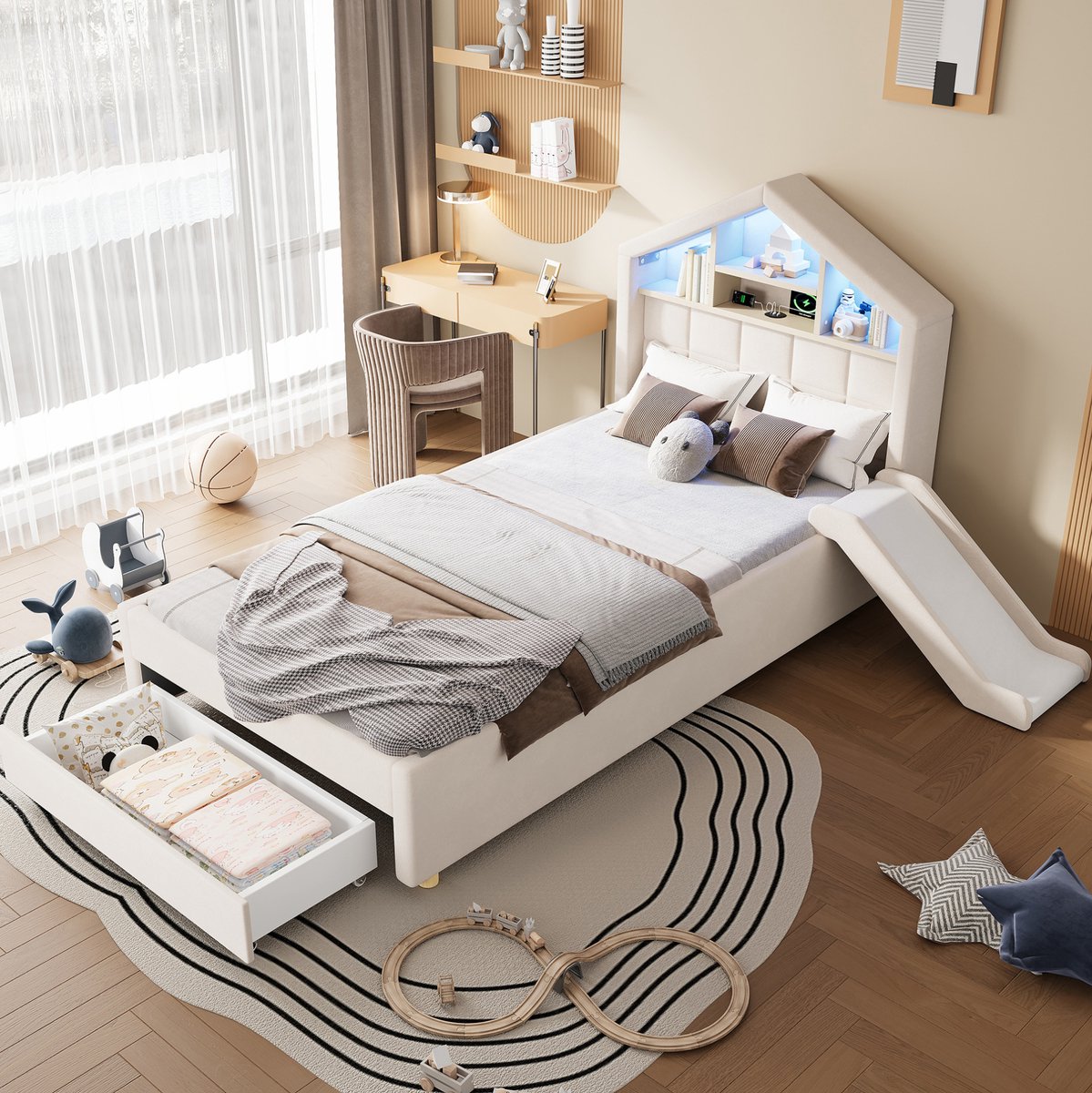 DESMIU Kinderbed 90x200cm – Gepolsterd Huisbed Met Glijbaan Links Of Rechts Monteerbaar – LED Verlichting En Opbergruimte – Beige – Zonder Matras