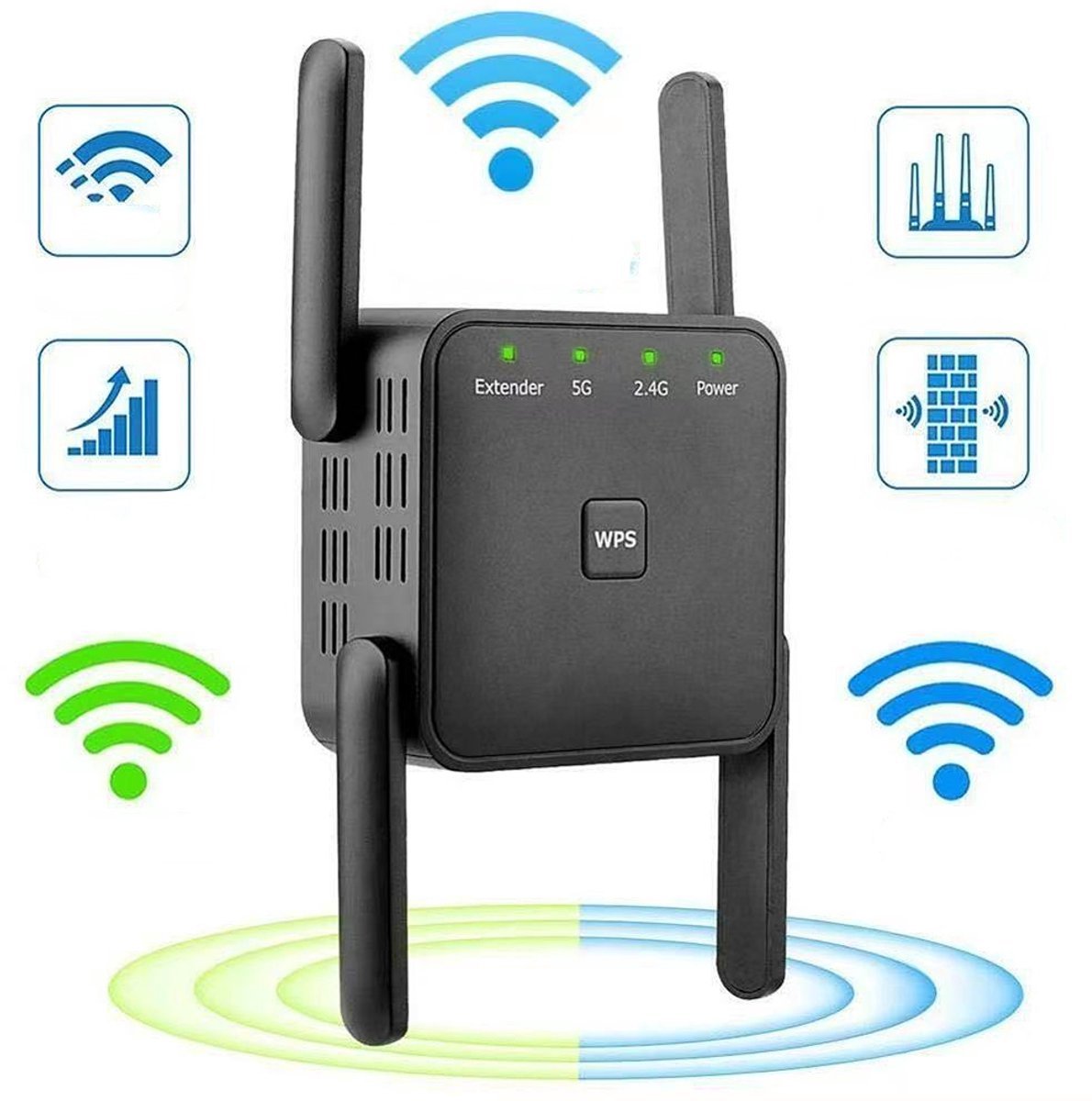 casalora - Wifi repeaters 1200 Mbps - Wifi Booster 2.4G - Lange Range Extender - 5G Wifi Signaal versterker - 1 Ethernet-poort - Zwart - 82x72x55 mm