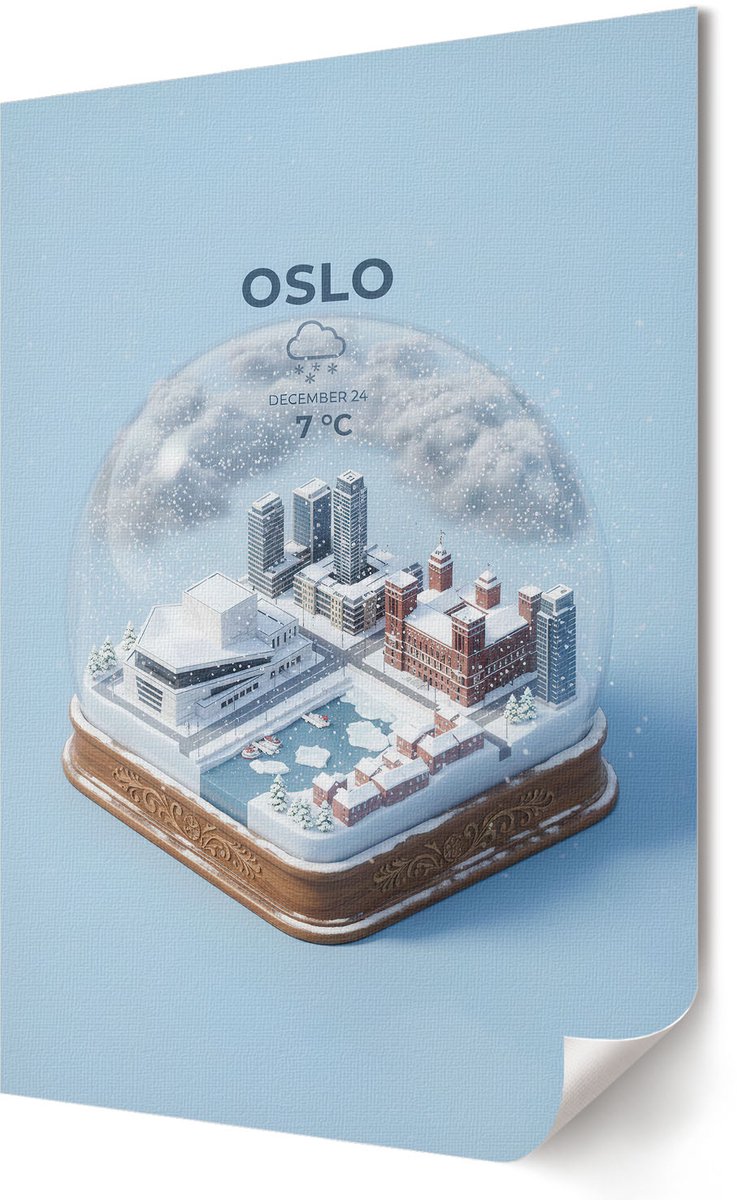 Coloray Polycanvas Wandposter - Oslo Sneeuwbol, Illustratie - 420 x 594 - Blauw Design - Rechthoek - Canvasposter - Woonkamer, Slaapkamer, Kantoor - Modern