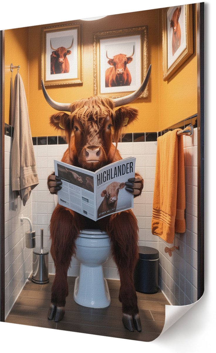 Coloray Polycanvas Poster - Buffel Op Het Toilet, Illustratie - 420 x 594 - Oranje Design - Rechthoek - Decoratieve poster - Woonkamer, Slaapkamer, Kantoor - Humoristisch