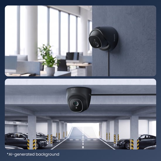 Zwarte Reolink beveiligingscamera gemonteerd aan een muur in een kantoor en aan het plafond van een parkeergarage.