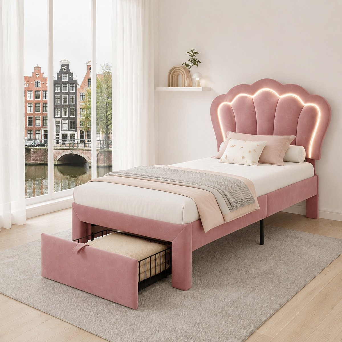 WUVRIE Eenpersoonsbed 90x190 cm met LED, bedlade en verstelbaar hoofdeinde in roze