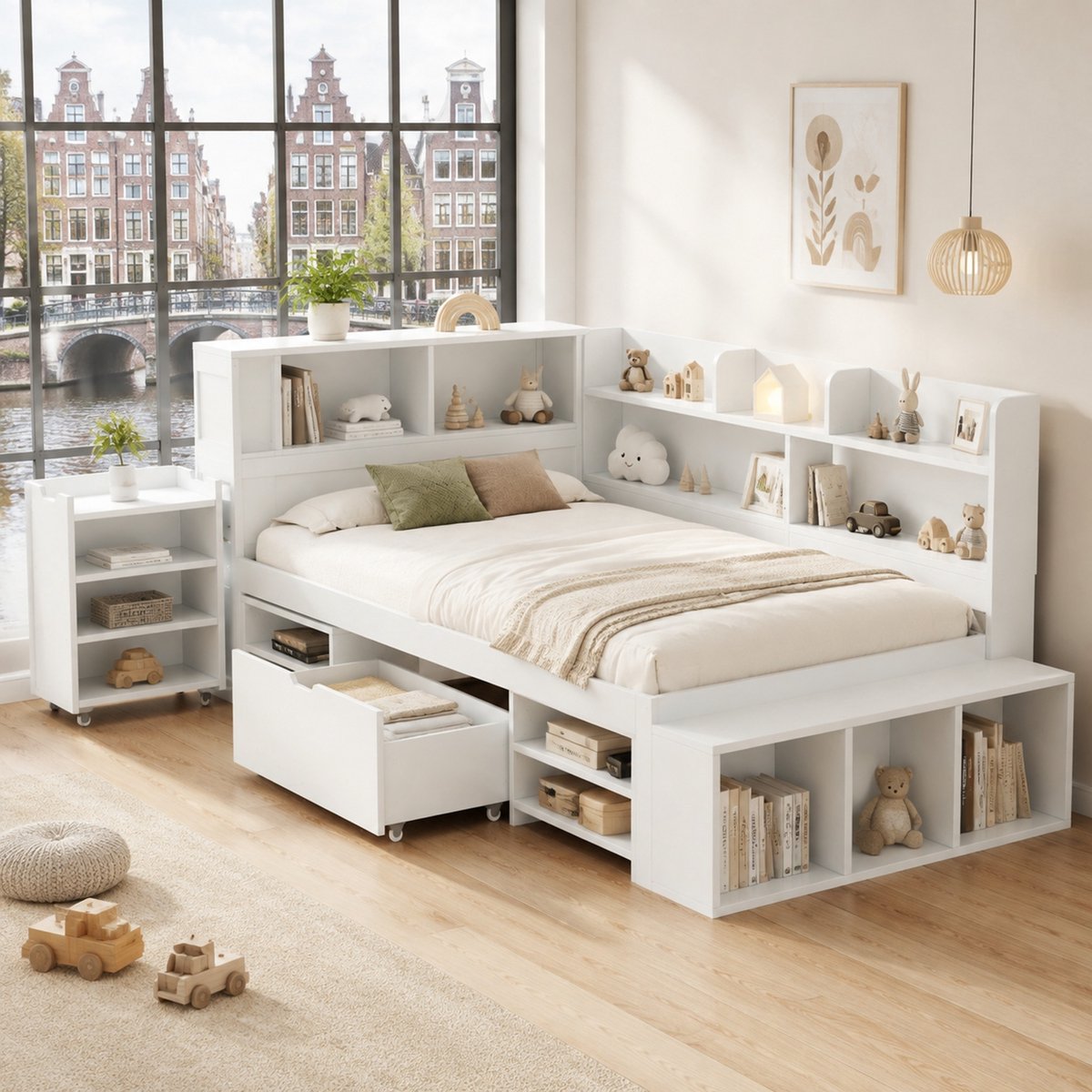 WUVRIE Kinderbed 90x200 cm met lades, boekenrek en opbergkasten, inclusief lattenbodem, wit