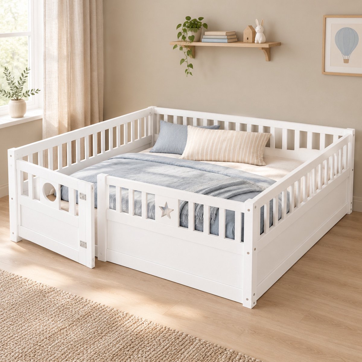 WUVRIE Kinderbed 140 x 190 cm met veiligheidshekken, vergrendelbare deur en ster-maanmotief, wit