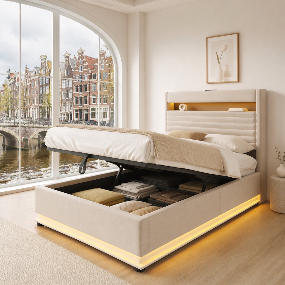 WUVRIE Beige stoffen bedframe 90x200 cm met opbergruimte, LED verlichting en USB-C