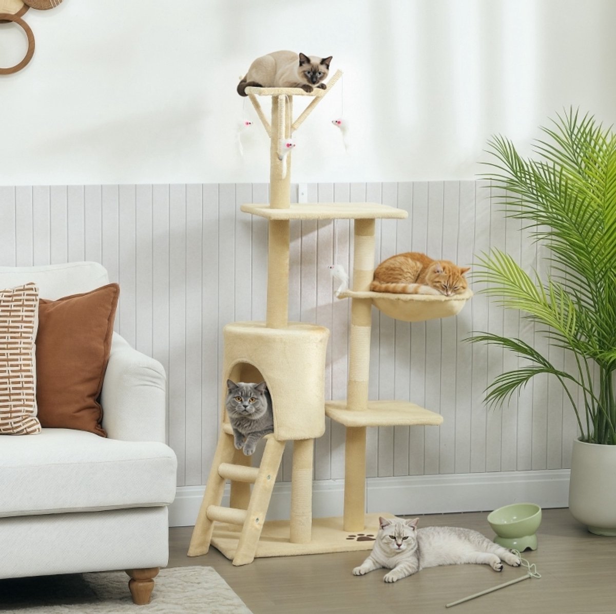 MODFU - Krabpaal - Met Huisje - 4 Speeltjes - Sisalstammen - Beige