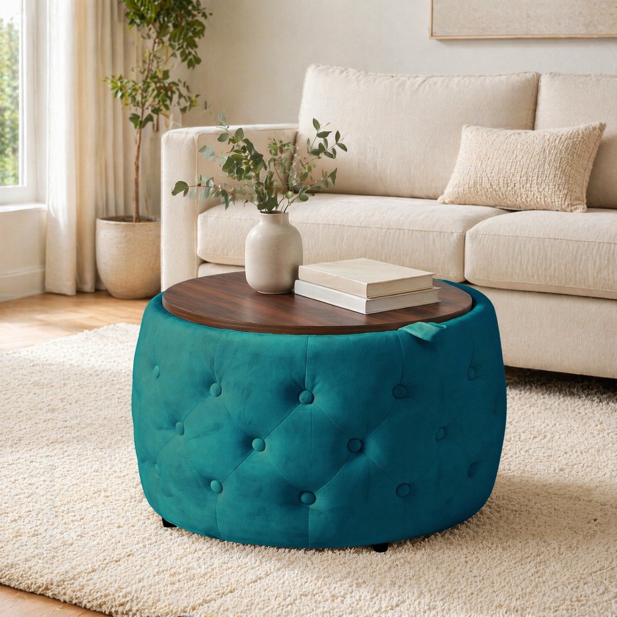 MODFU - Hocker - Opbergruimte - Rond - Velvet - Blauw