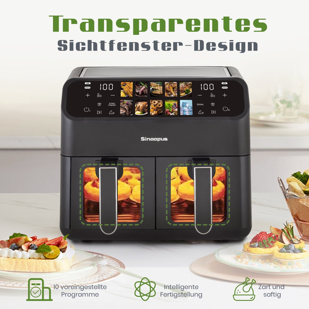 MODFU - Heteluchtfriteuse - Dubbele Kamer - LED Touchdisplay - 9 L - Zwart