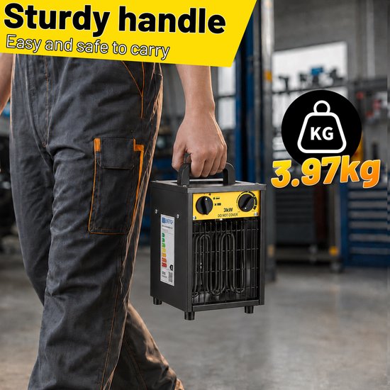 Persoon in grijs overall draagt zwarte en gele 3kW verwarming.