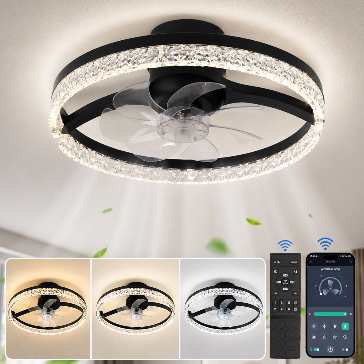 Rosnek Ventilatorlamp Plafond - Moderne Plafondventilator met Verlichting - Smart App Control & Remote Control - Ultra Stil - Omkeerbare Motor Zomer en Winterstand - Dimbaar - 6 Snelheden - Ø 45 cm