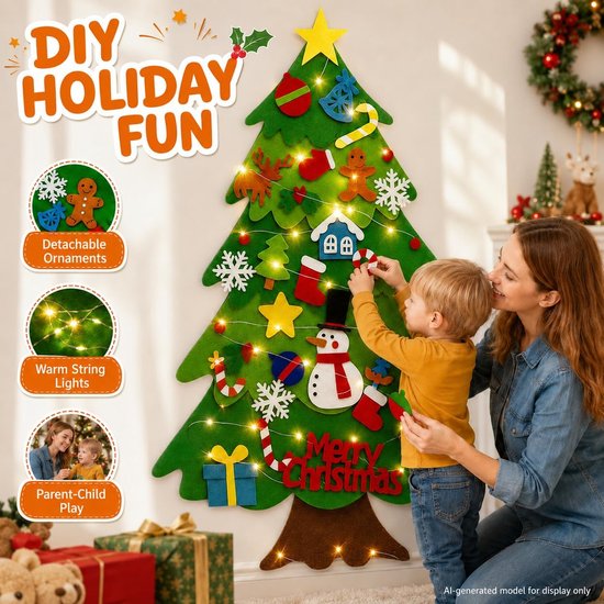 Vilten Kerstboom voor Kinderen - 32 ornamenten Vilten kerstboom met 3 meter Lichtslang - Montessori Speelgoed - Mini Kerstboom - Kersthangers - DIY kerstversieringen - Kerstdecoratie — afbeelding 3