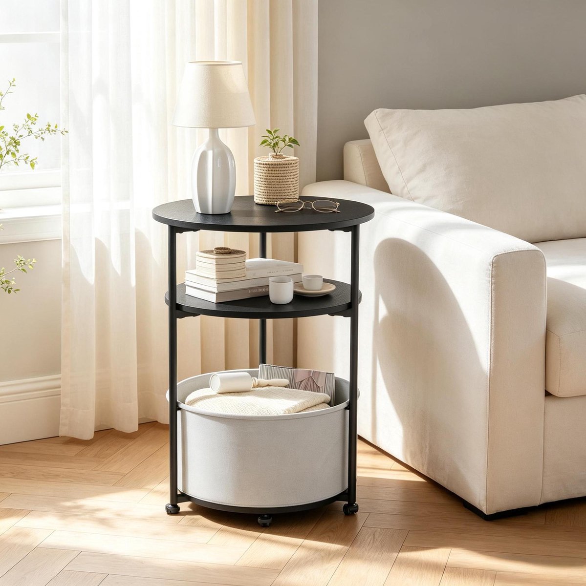 MODENUIT Bijzettafel - Ronde Tafel Met Opbergbak - Voor Woonkamer En Slaapkamer - Metaal - Zwart - 43 Cm