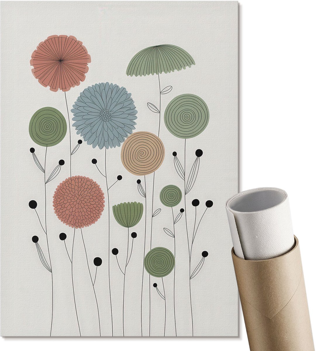 Coloray Canvas Poster Polycanvas - Moderne Bloemen, Illustratie - A4 - Groen Decoratie - Rechthoek - Muurdecoratie - Woonkamer, Slaapkamer, Kantoor - Boho