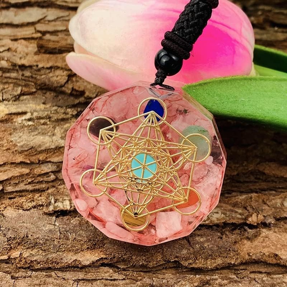 metatron kubus om ketting, chakra kristalsteen voor genezende yoga -bemiddeling, emf -bescherming, roze roos quarz