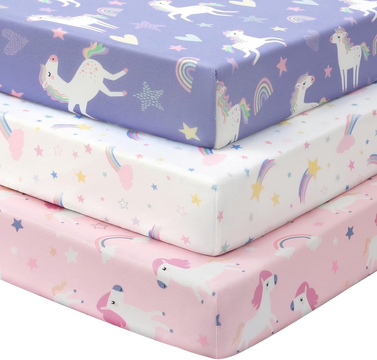 140 x 70 cm, set van 3 babybedlakens, ultra zachte en zijdezachte microvezel peuterlakens roze paars regenboog