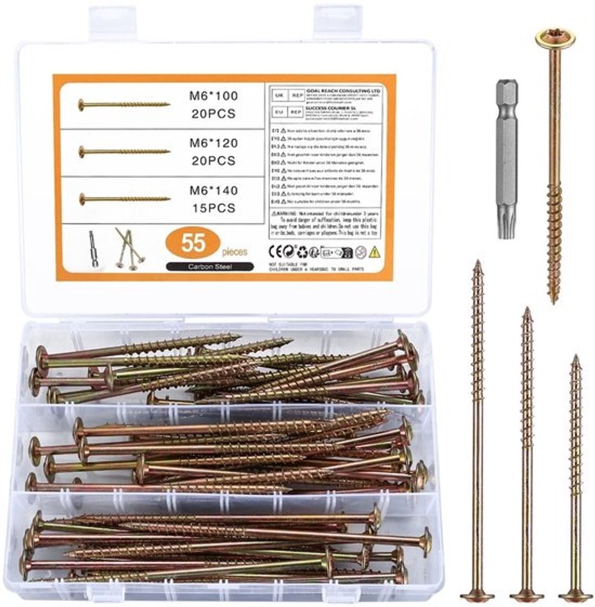 Dailygoods- Platte Kopschroeven 55 Stuks - Houten Bouwschroeven - Torx-Platte Kopschroeven - Constructieschroeven - Verzinkt - Corrosiebestendig - Houtschroeven