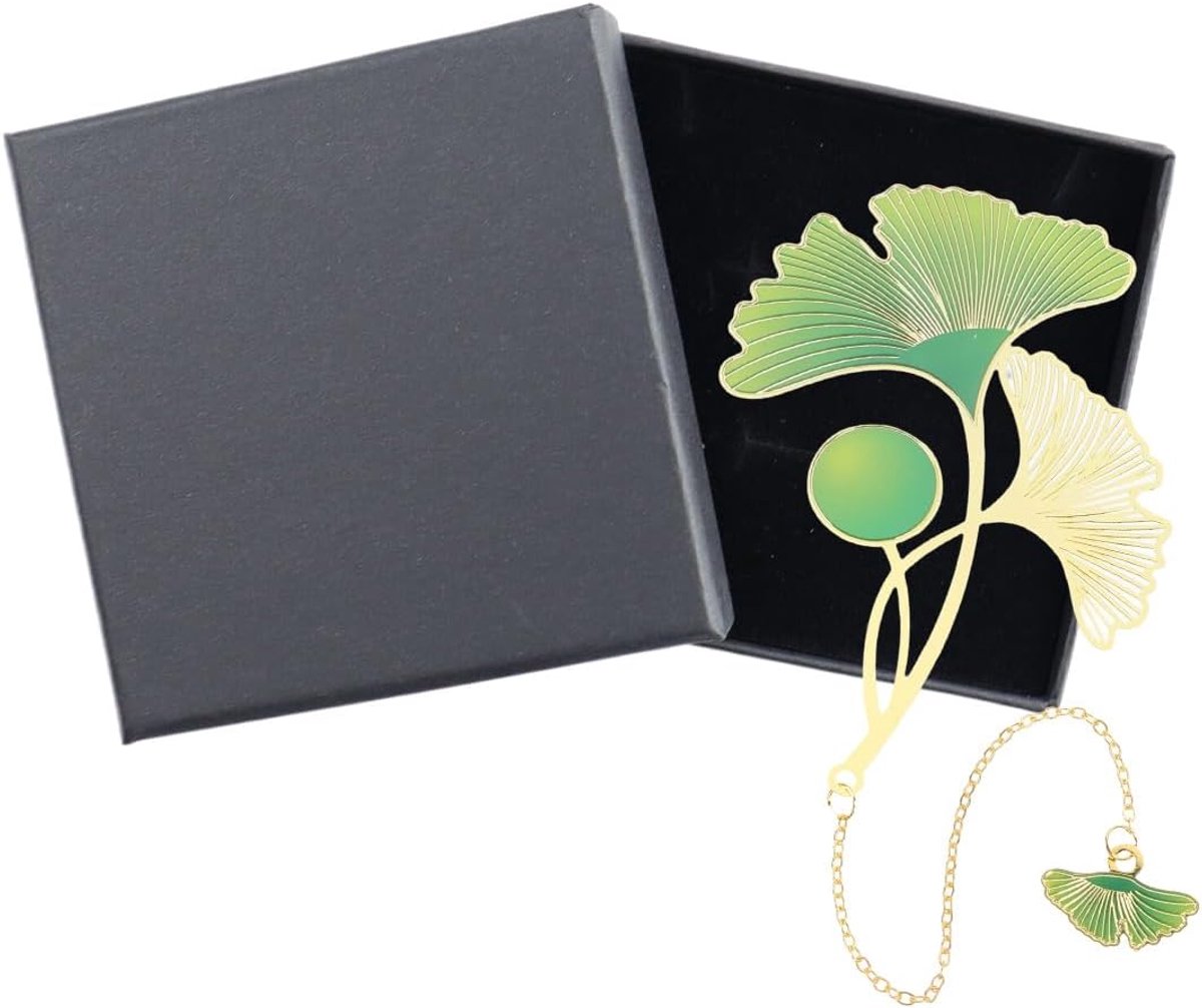 Boekenleggers, vintage bladwijzers, bladgoud, metalen bladwijzer in de vorm van een ginkgo-bladwijzer met hanger, inclusief zwarte geschenkdoos, ideaal cadeau voor lezers en studenten