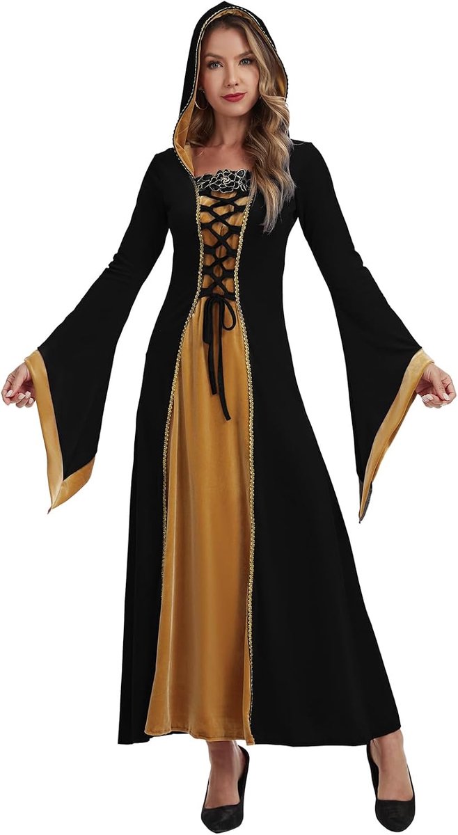 Damesjurk met capuchon, renaissance-kostuumjurk van fluweel in victoriaanse stijl voor Halloween, carnaval en feestjes