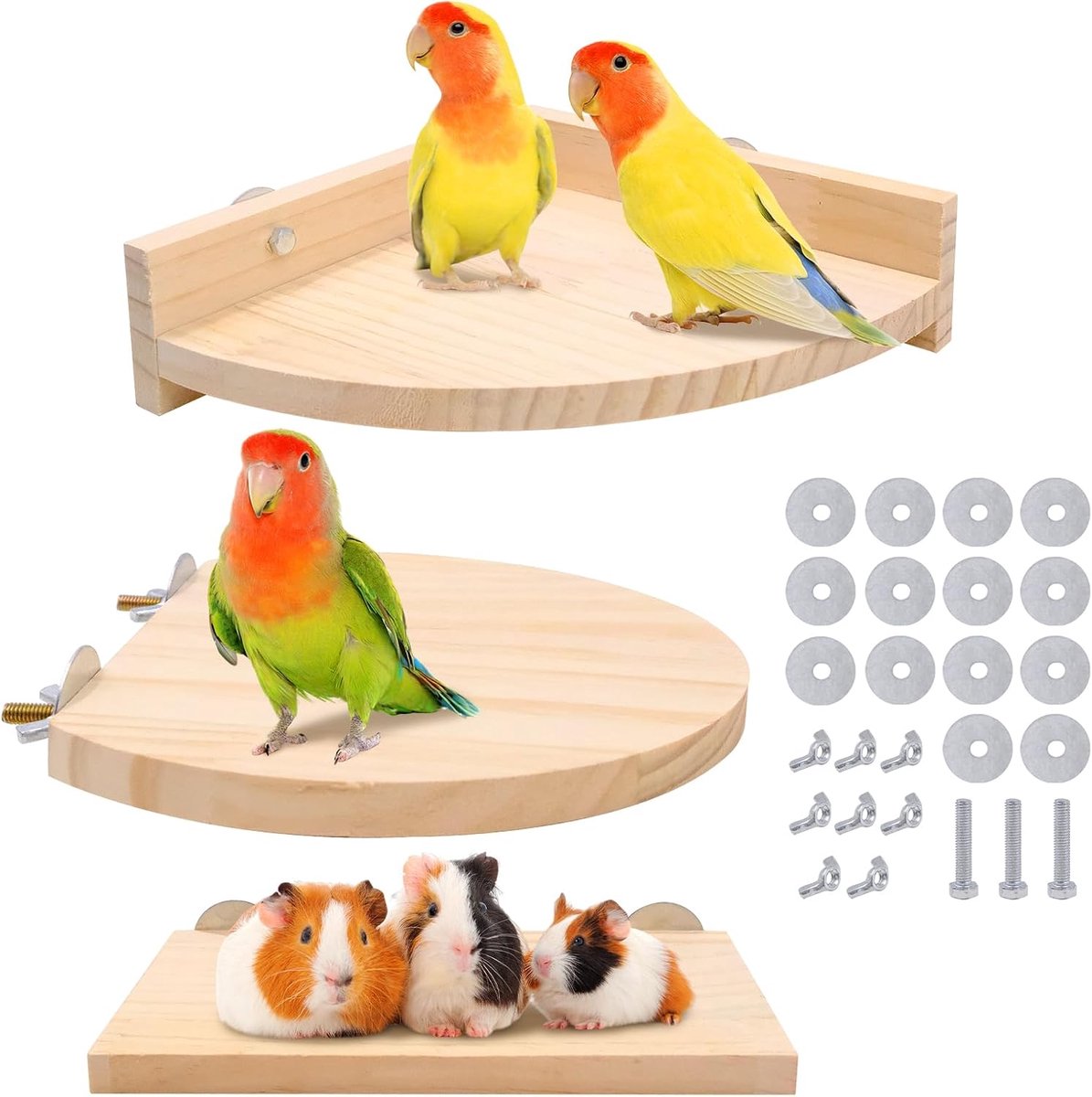 3 stuks platform voor vogels, vogelkooi, platform van hout, platform voor vogels, platform van hout met hamsterbeugel