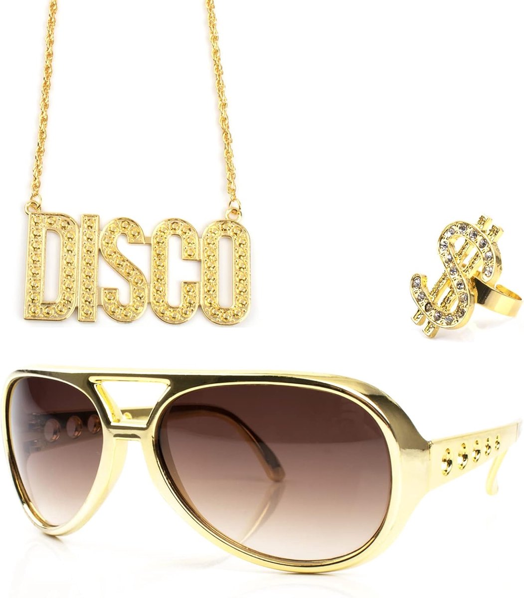 80-outfit voor heren, voor carnaval, cosplay, kostuum met ketting, dollartekenring, retro rap-ster zonnebril, individueel hiphop-accessoire uit de jaren '70, 80 en 90
