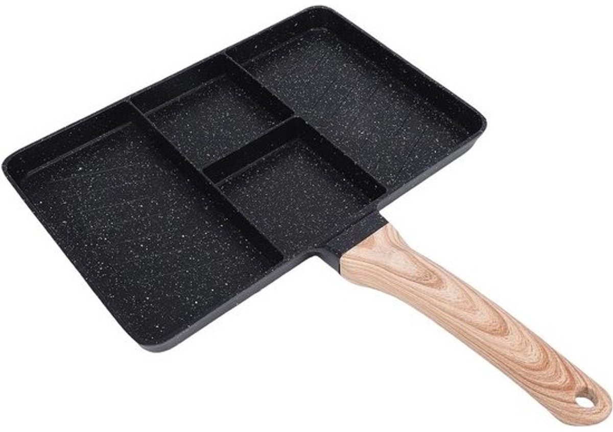 Verdeelde Grillpan - Ontbijtpan Koekenpan - Compleet Ontbijt Maken - Vierkante Compartimenten - 27x37cm - Zwart