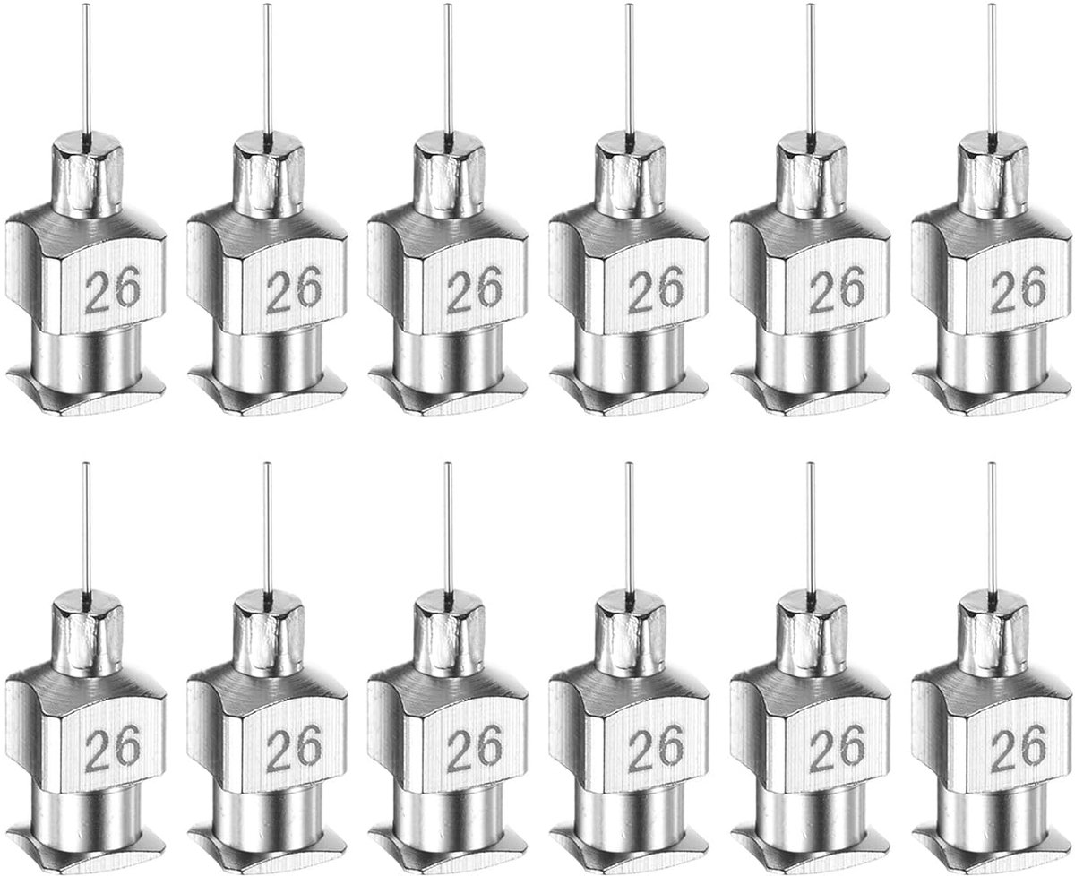 12 stuks 26 gauge-naalden van roestvrij staal, 1/4 inch (0,63 cm) alle afgeschuinde punten voor metalen lijm, luer-lock voor dikke vloeistoffen, inkt, lijm, laboratoriumgebruik