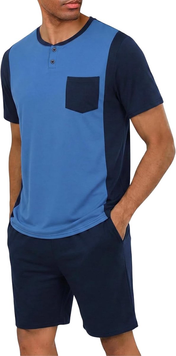 herenpyjama, ronde hals, knopen, pyjama, zomerpyjama voor heren, pyjamabroek, nachtkleding voor heren, Blauw- 1, XL