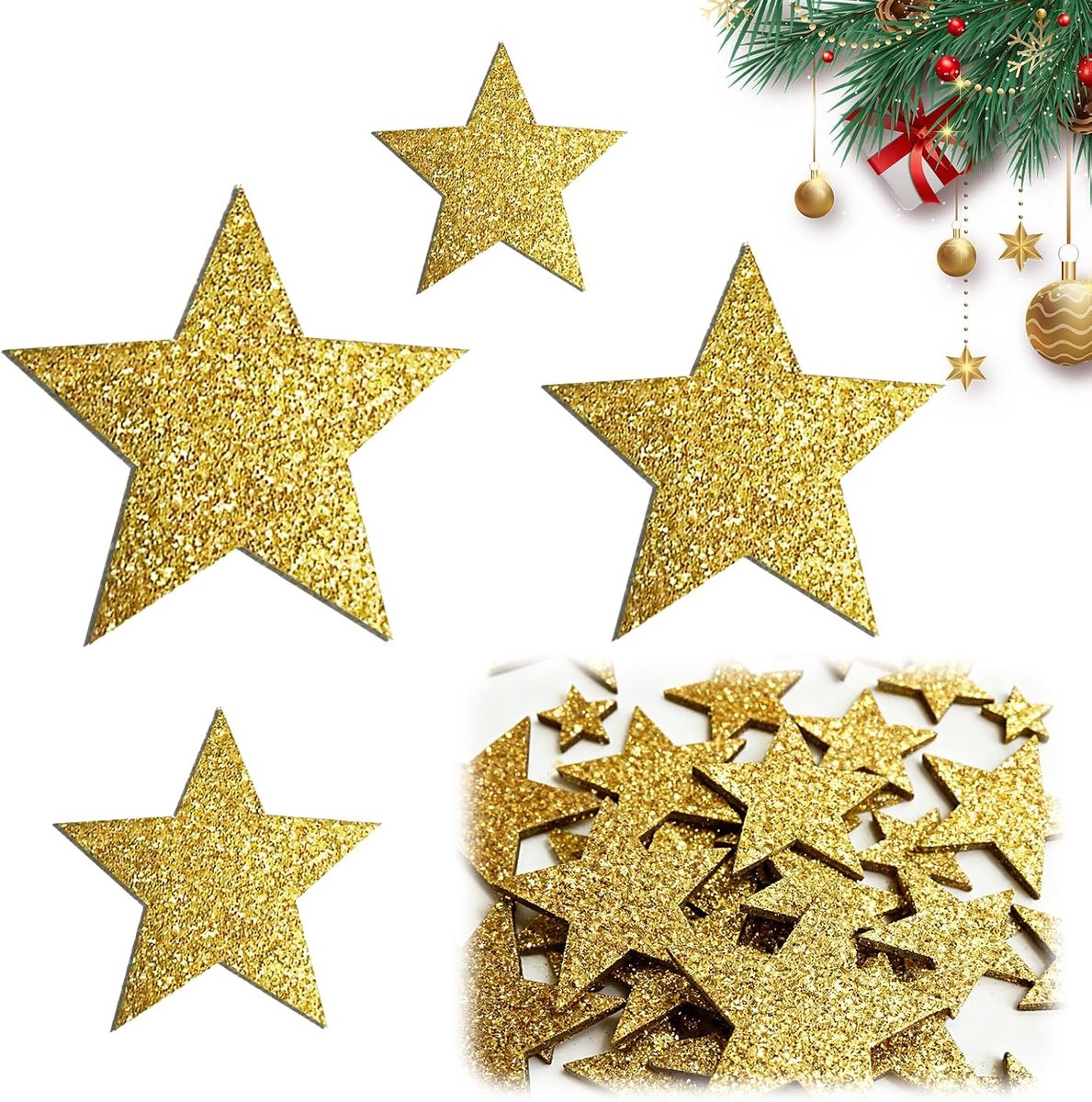 sterren, strooidecoratie, glitter, sterren, 50 stuks, 4 maten, tafeldecoratie voor Kerstmis, bruiloft, verjaardag, jubileum, decoratie, goud, 5 vierkant, perfect voor Halloween