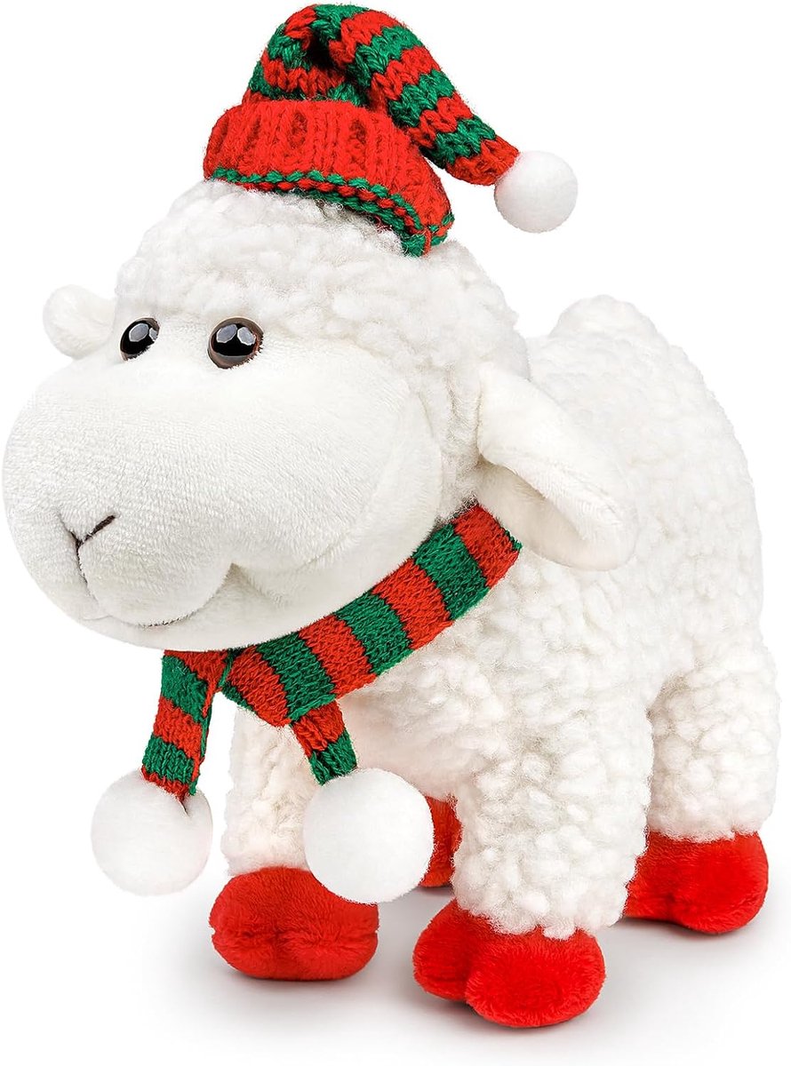 Knuffeldier, wit, lam, knuffeldier, schaap, pluche dier, vrolijk Kerstmis, pluche dier met kerstmuts, metgezel, baby en kinderen, speelgoed, cadeau voor Halloween, Kerstmis, meisjes en jongens, 18 cm