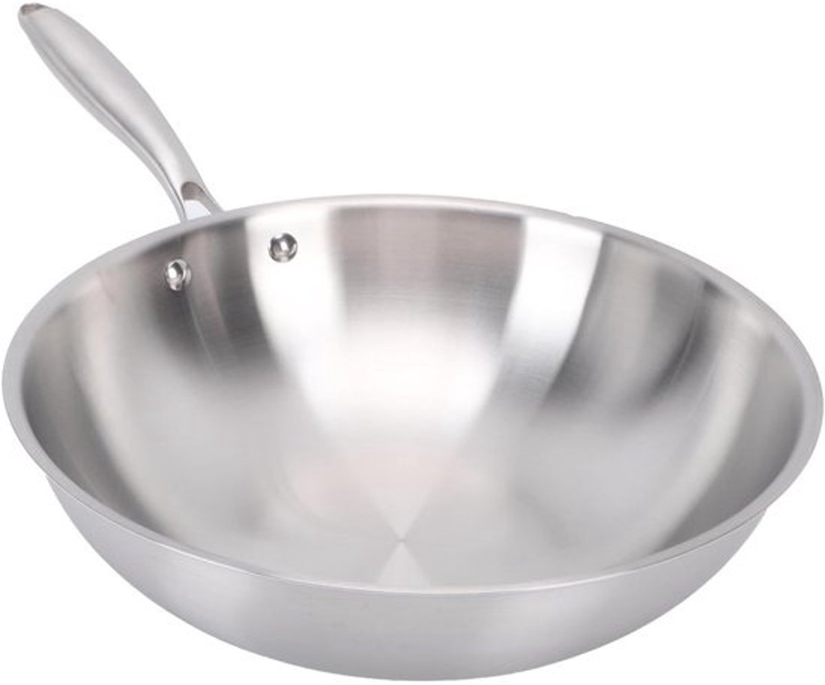 Wok Pan - Roerbakpan - Lekker Koken - Roestvrij Staal - 32cm - Zilverkleurig