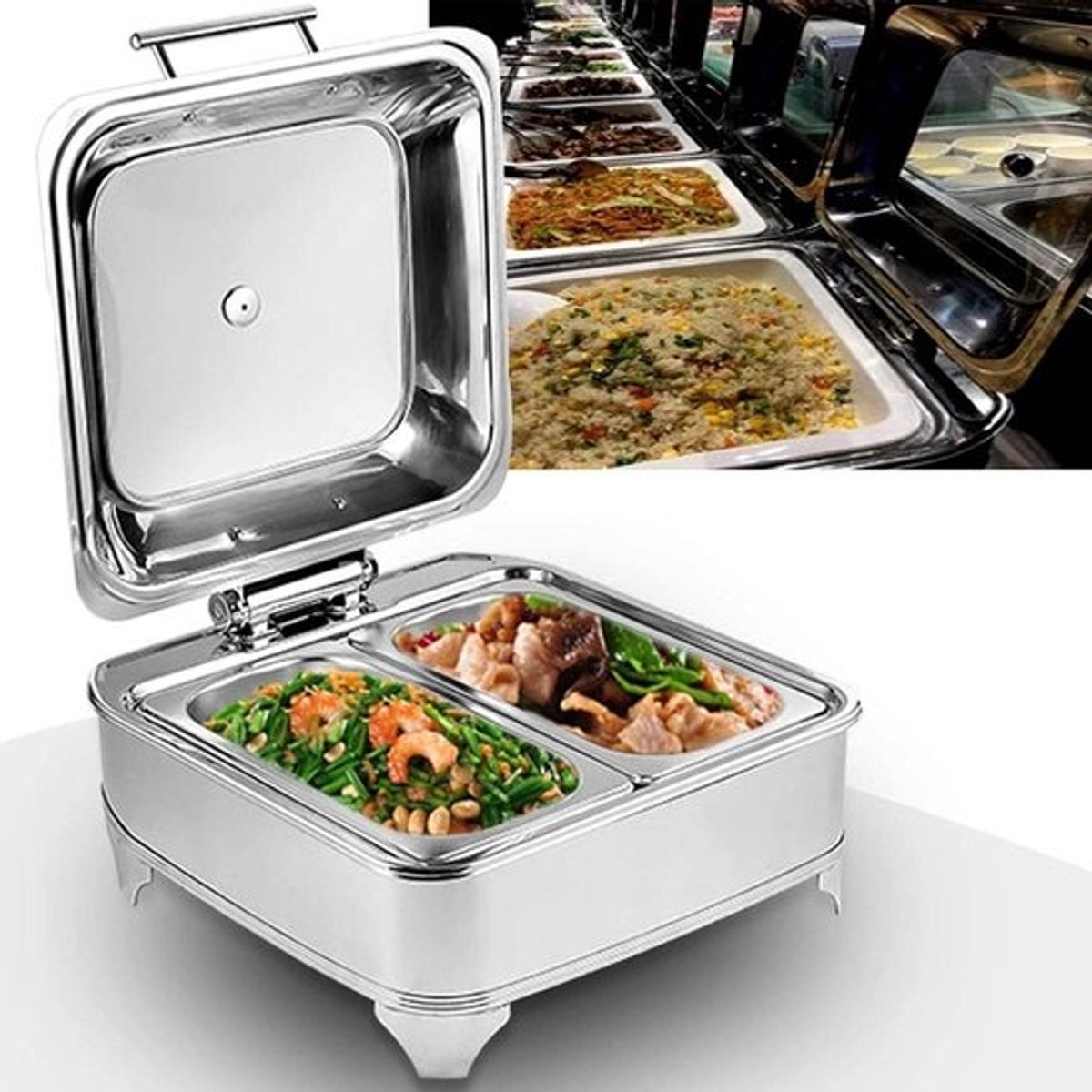 Buffet Set - Voedsel Warmer - Eten Warm Houden - Geïntegreerde Verwarming - 6L Inhoud - Zilverkleurig