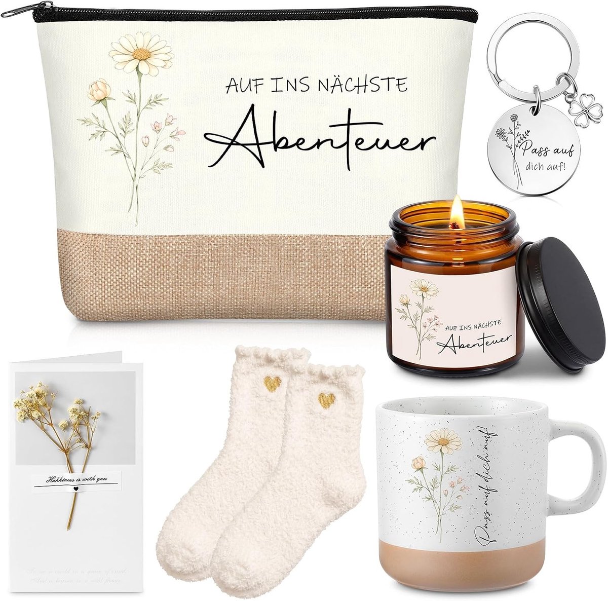 Set van 6 Afscheidsgeschenken voor Collega's: Mok, Cosmetica Tas, Geurkaars, Sokken en Sleutelhanger voor Nieuwe Baan of Pensioen