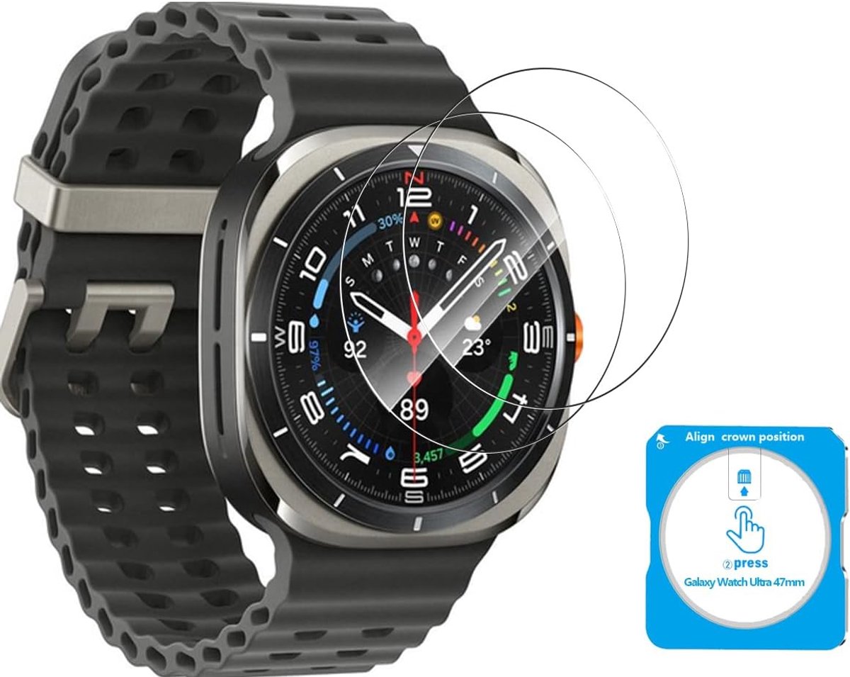 2 stuks gehard glas voor Samsung Galaxy Watch Ultra 47 mm displaybescherming, hardheid 9H/zonder luchtbellen, displaybescherming voor Galaxy Watch Ultra 47 mm – High Definition gehard glas