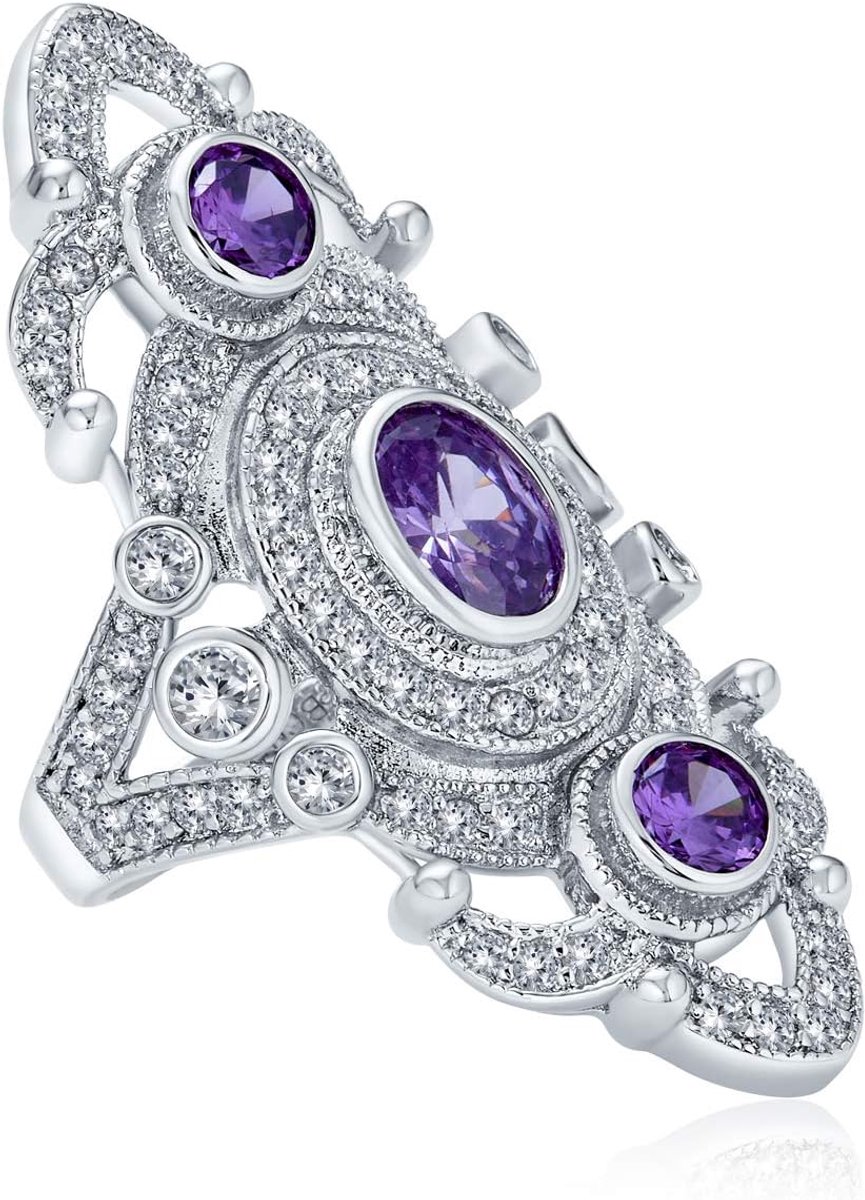 Jewelry Vintage stijl Filigraan Paars Cubic Zirconia Armor Full Finger Statement Ring Simuleert Amethist Cz Zilver Geplateerd Messing