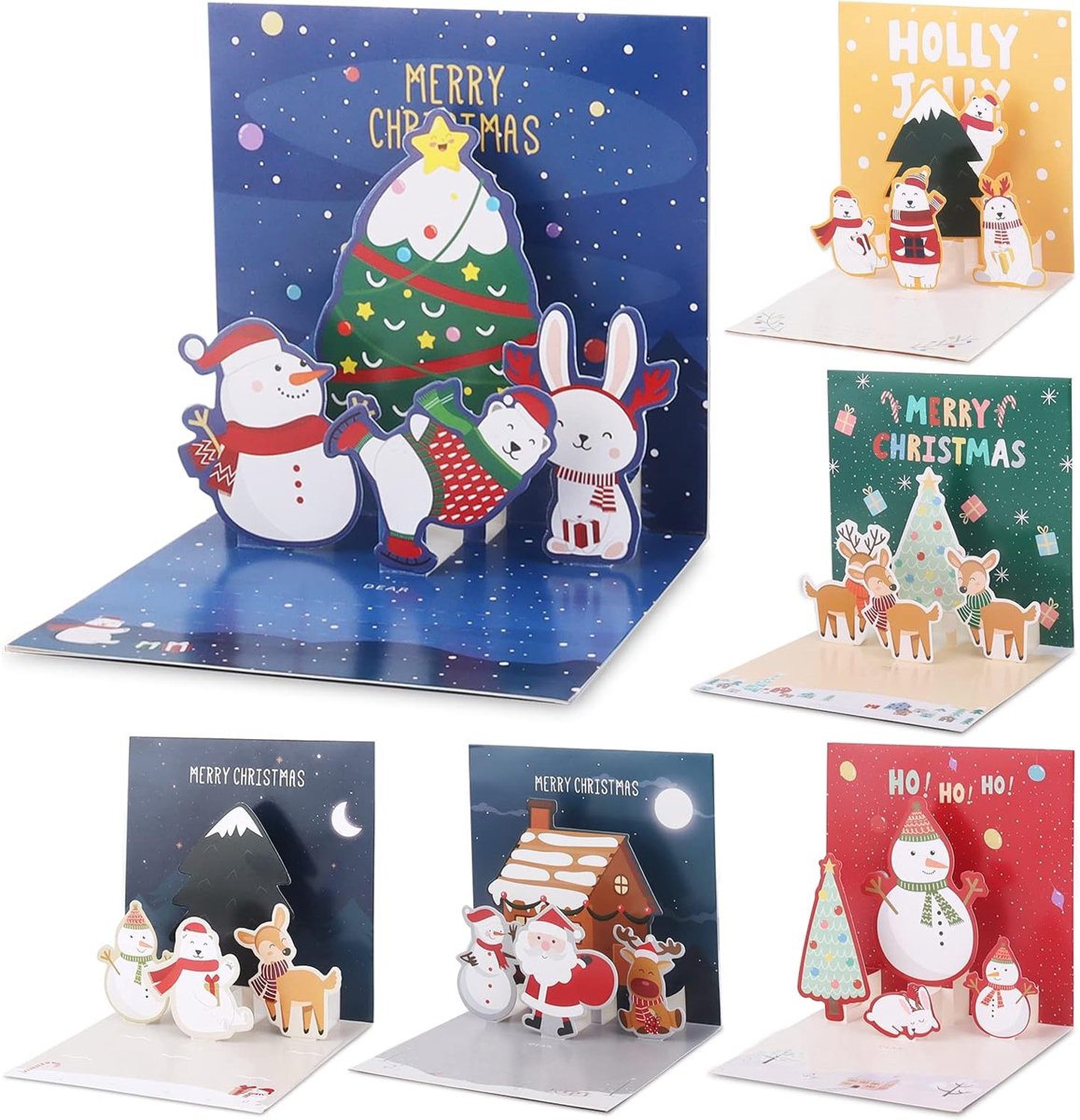 6 Stuks Pop-Up Kerstkaarten met Enveloppen, JRISBO 3D Kerstkaarten Kleurrijke Versieringen van Kerstman Peperkoek Man Kerstmis Wenskaarten Kerstcadeau voor Kinderen Vrienden Familie