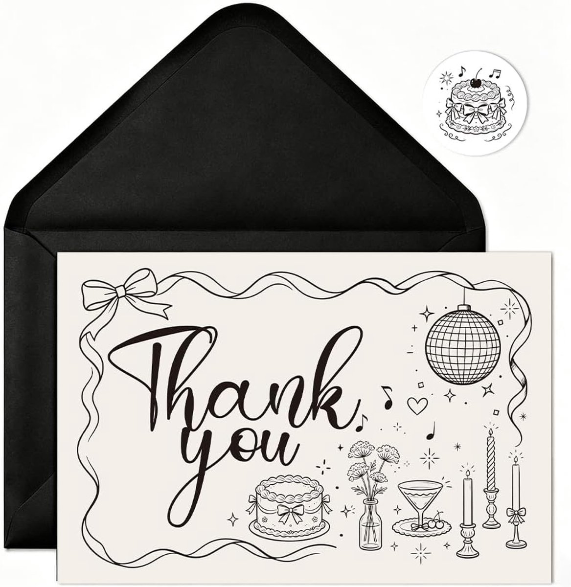 30 stuks 10,2 x 15,2 cm bedankkaarten voor bruidstaart met enveloppen en stickers, notitiekaarten met strik, zwart, met pailletten, bloemen van gecoat papier, voor bruidsdouche