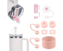 9-delige accessoires voor de Stanley Cup: 2 rietjesstopper, 6 siliconen anti-lek doppen en 1 siliconen hoes voor 40oz en 30oz bekers in roze, ideaal voor decoratie en bescherming