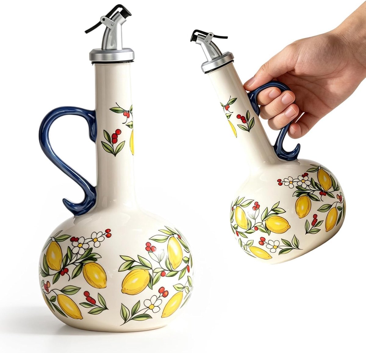 oliedispenser, handbeschilderd, 680 ml, met handvat en roestvrijstalen schenktuit, druppelvrije oliefles geschikt voor keuken, eettafel en café