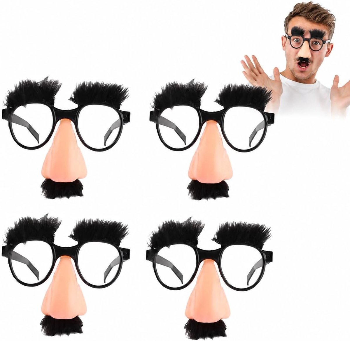 4 Stuks Grappige Vermommingsbril met Neus, Wenkbrauwen en Snor, Kunststof Feestbril voor Verkleedfeest, Halloween, Carnaval, Verjaardag, Fotoprops en Rollenspel