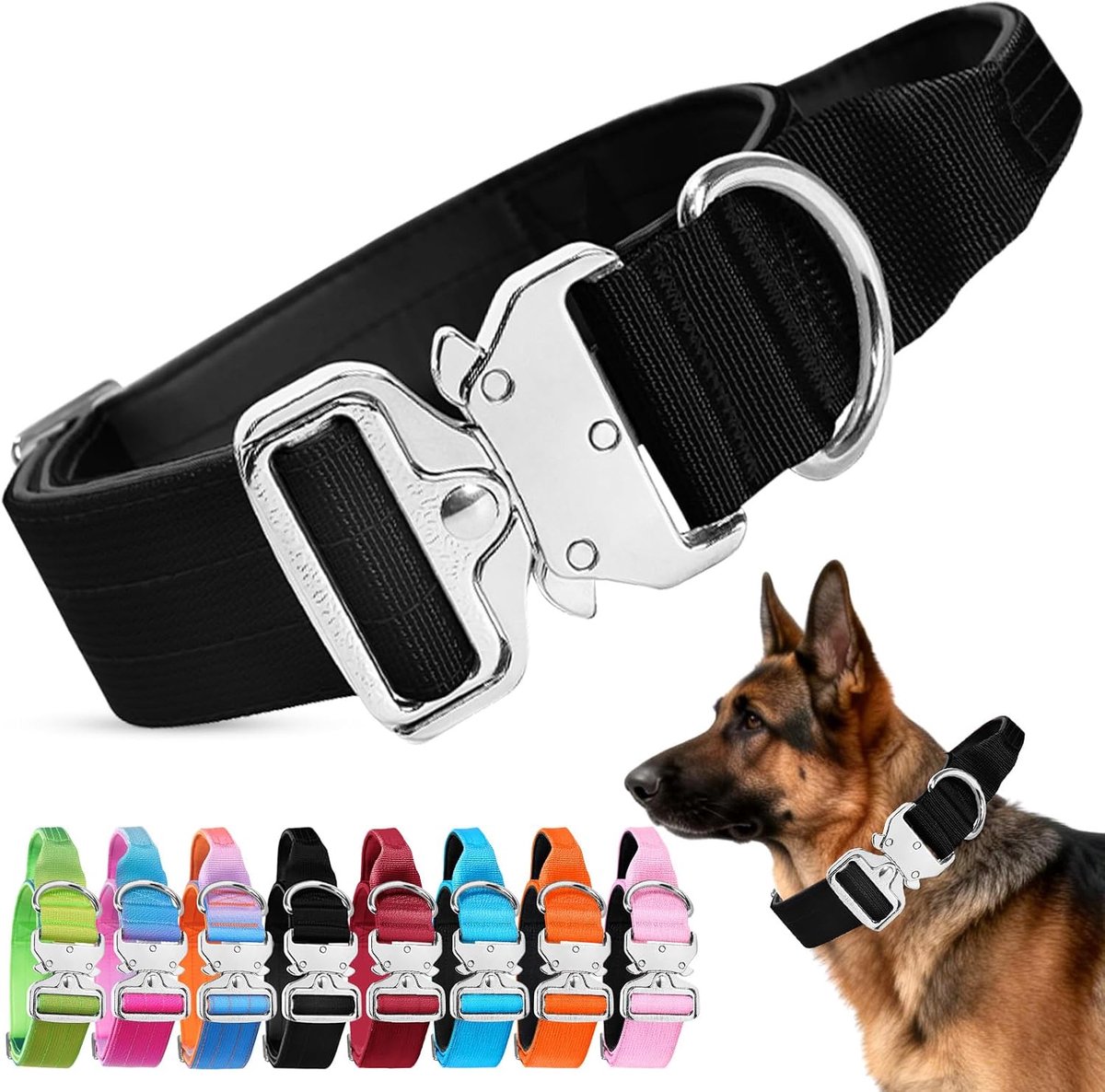 hondenhalsband, militaire nylon verstelbare halsband voor training, zachte gewatteerde brede halsbanden met handvat en zwaar belastbare metalen gesp voor middelgrote en grote
